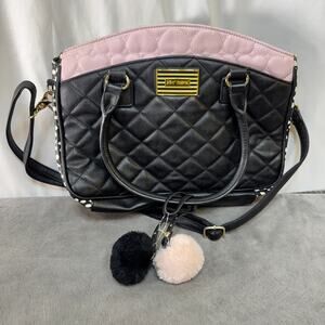 Betsey Johnson Black & Pink Quilted Satchel Gold Tone Accents Pom Pom Bag Charm